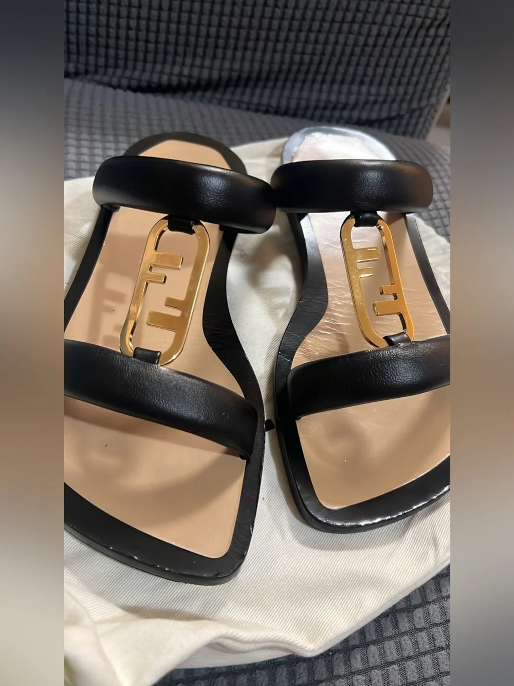 Fendi Black Leather Sandals with Gold Logo Accent